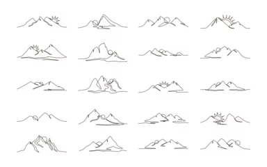 Papier Peint photo Une ligne Set of sun and mountains continuous one line icon drawing on white background. Hot temperature and  travel symbol vector illustration in doodle style. Summer sun contour line sign 