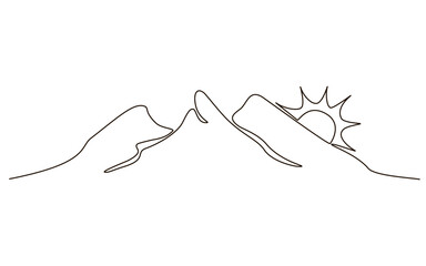 Sun and mountains continuous one line icon drawing on white background. Hot temperature and  travel symbol vector illustration in doodle style. Summer sun contour line sign 
