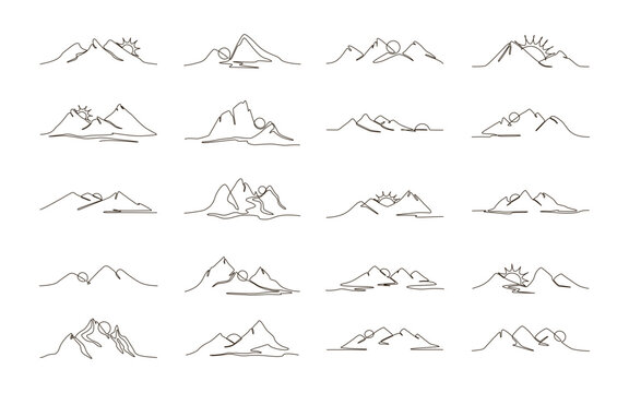Set of sun and mountains continuous one line icon drawing on white background. Hot temperature and  travel symbol vector illustration in doodle style. Summer sun contour line sign 