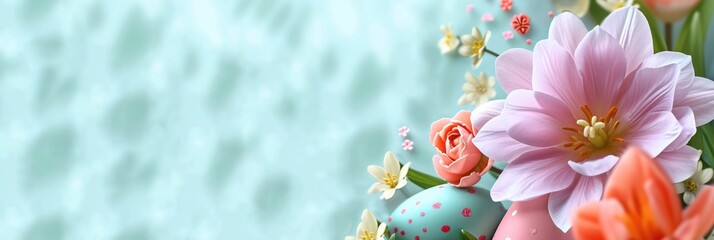 Happy Easter holiday background. Easter eggs and beautiful spring flowers - obrazy, fototapety, plakaty