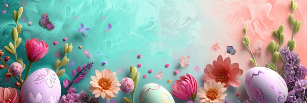 Happy Easter holiday background. Easter eggs and beautiful spring flowers