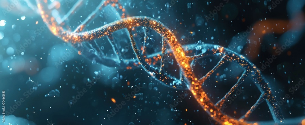 Poster artificial intelligence ai in healthcare. dna double helix intertwined with digital ai elements, hig