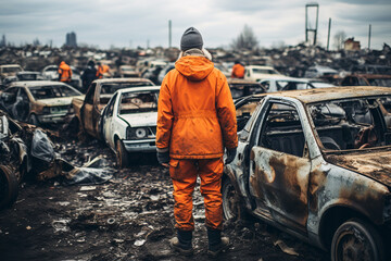 Workers at a Vehicle Scrapyard Inspecting Parts and Guarding Cars Pending Destruction - obrazy, fototapety, plakaty