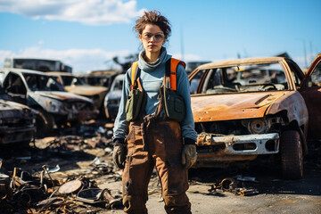 Workers at a Vehicle Scrapyard Inspecting Parts and Guarding Cars Pending Destruction