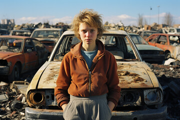 Workers at a Vehicle Scrapyard Inspecting Parts and Guarding Cars Pending Destruction