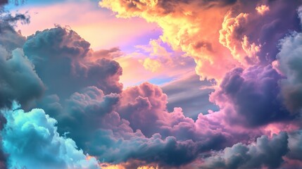  a sky filled with lots of clouds with a pink and blue sky in the middle of the clouds and a plane in the middle of the clouds.