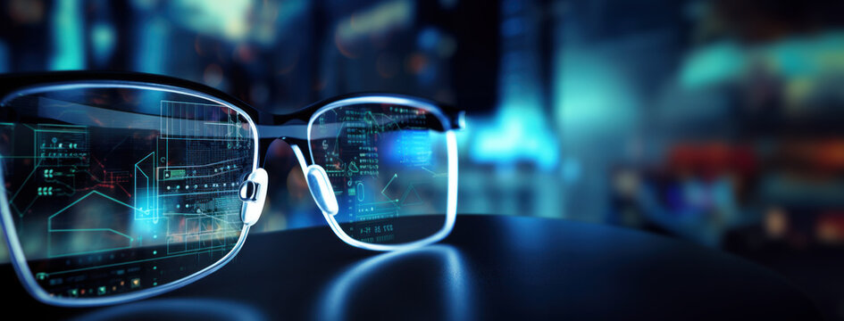 Artificial intelligence AI in Healthcare. Pair of digital eyeglasses overlaid with healthcare and AI symbols, suggesting AI's role in enhancing vision care and ophthalmology