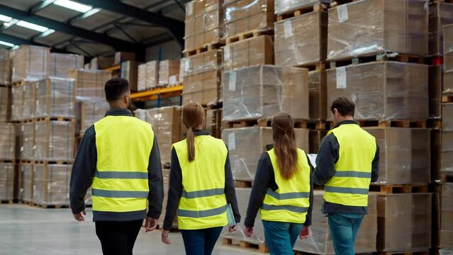 Rear view of warehouse workers walking in warehouse. Team of warehouse workers preparing products for shipment.