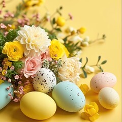 Obraz premium Happy Easter holiday background. Easter eggs and beautiful spring flowers