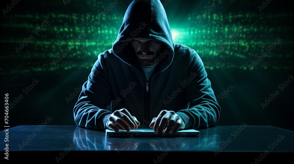Poster a hacker in a black hoodie is typing on a keyboard in front of a green matrix background