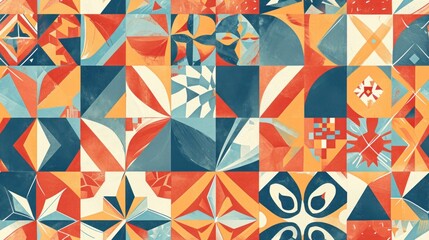  an abstract painting of many different shapes and sizes, including a blue, red, orange, and white design.