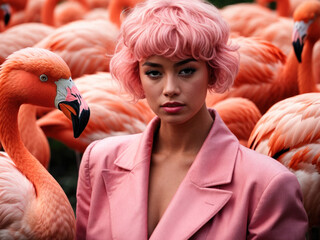 Shocking woman with pink hair and pink clothes in a flock of flamingos