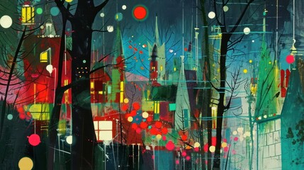  a painting of a city at night with a lot of lights on the trees and the buildings in the background.