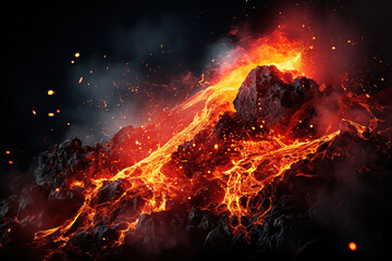 Eruption. Hot lava flows down the surface of the volcano. Generated by artificial intelligence