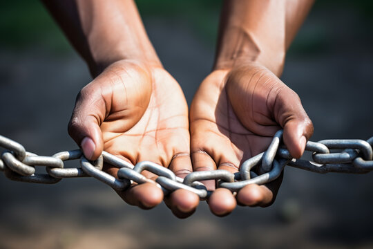Close-up of human hands holding a metal chain, symbolizing connection, strength, and the potential for freedom