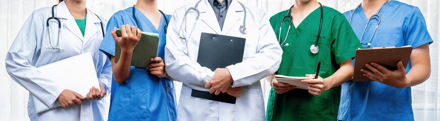 Confident and professional team of medical staff stand in line together as healthcare service and...