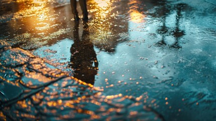  a couple of people standing in the rain under a street light with a reflection of them on the wet ground.