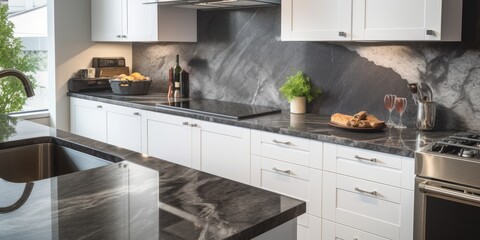 Contemporary kitchen with stainless steel appliances, white corner cabinets, dark marble countertops, and white wall tiles.