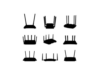 Set of Wi-Fi Router Silhouette in various poses isolated on white background