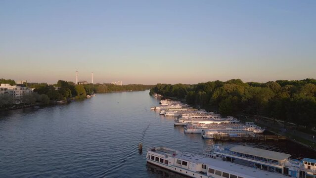 Treptower Park city Berlin Germany summer. Amazing aerial top view flight drone
