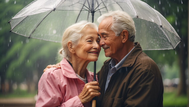 Portrait of a happiness elderly couple under an umbrella in autumn