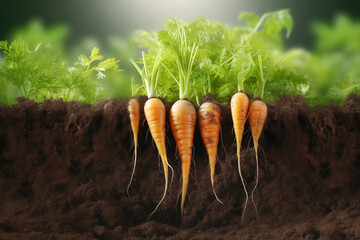 Carrots growing in soil, vibrant green tops - obrazy, fototapety, plakaty