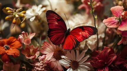  a red butterfly sitting on top of a bunch of pink and white flowers on top of a bed of red and white flowers.