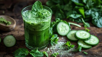  a glass filled with cucumber and mint next to sliced cucumbers on a wooden table next to a wooden spoon.