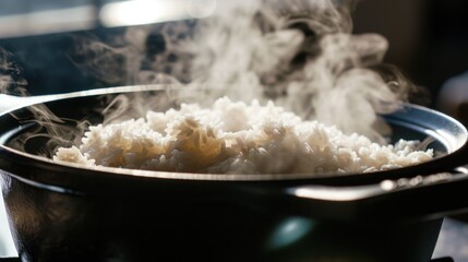  steaming rice in a pot with steam coming out of the top of the pot and steam coming out of the bottom of the pot.