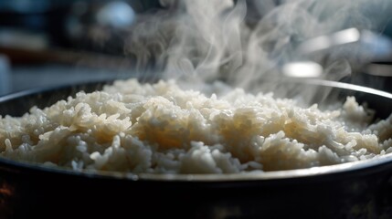  a close up of a pan of rice with steam coming out of the top and steam coming out of the bottom of the pan.