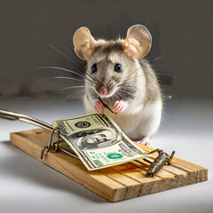 Eine Maus versucht einen Geldschein aus der Mausefalle zu ziehen (Konzept Geldfalle)