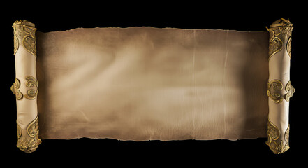 A blank ancient scroll with ornate golden rods, with copy space over dark background - obrazy, fototapety, plakaty