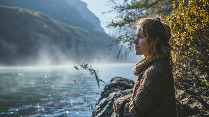 Girl standing on a rock against a tranquil lake background