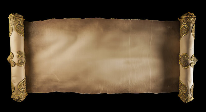 A blank ancient scroll with ornate golden rods, with copy space over dark background