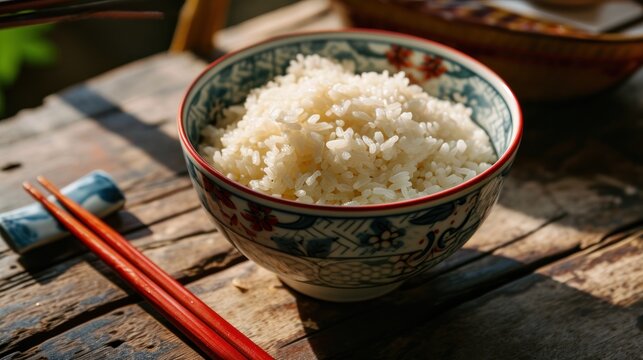  a bowl of rice next to chopsticks and a bowl of rice with chopsticks on a wooden table.