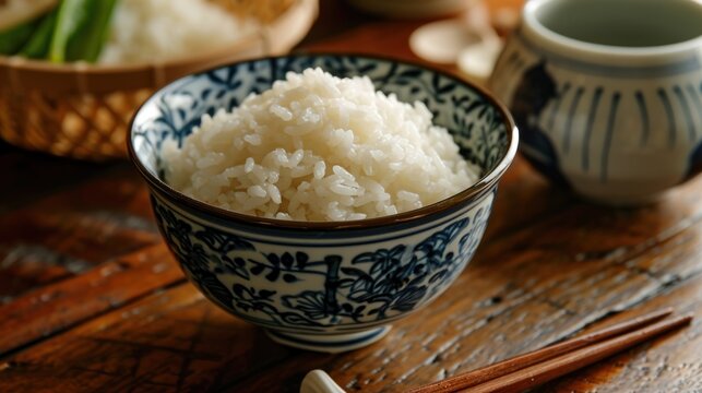  a bowl filled with rice next to chopsticks and a bowl of rice on top of a wooden table.