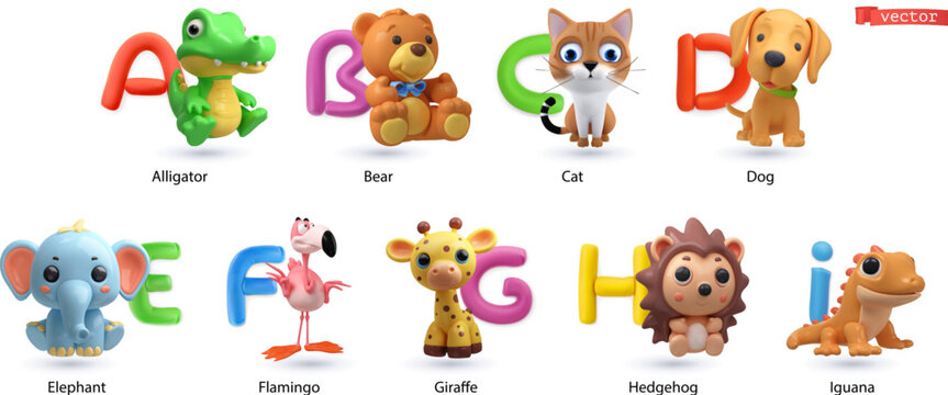 Zoo alphabet part 1. Animals 3D vector render objects set