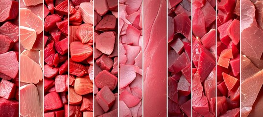 Raw meat products collage with white vertical lines   bright white light, divided into 7 segments