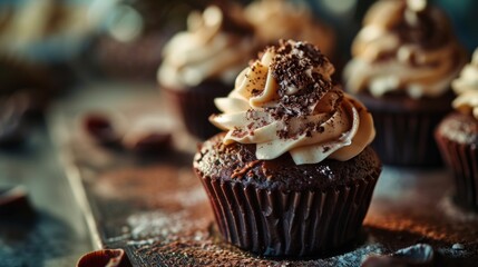  a close up of a chocolate cupcake with white frosting and chocolate sprinkles on a table.