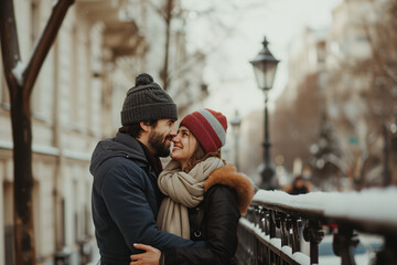 a couple extremly in love walking throught the city in february
