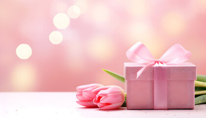 pink tulip flowers and gift box with tape bow on bokeh background for woman day or valentine day holiday card decor