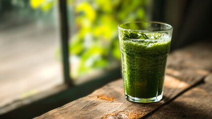 
Diet and detox green smoothie in glass for morning breakfast or snack on wooden table against greenery kitchen window.