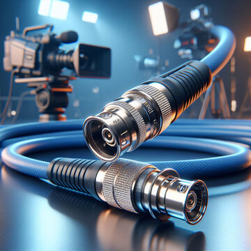 Professional data and video cables with blue sheaths and shiny chrome connectors, in a television broadcast news studio and audio visual installation.