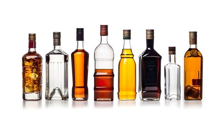 Different alcohol drinks bottles isolated on white background.