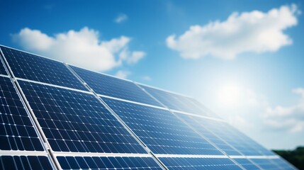Close up view of solar panels with sky background   renewable energy and nature concept