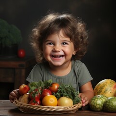 Fototapeta premium Little girl with a basket full of fresh fruits and vegetables