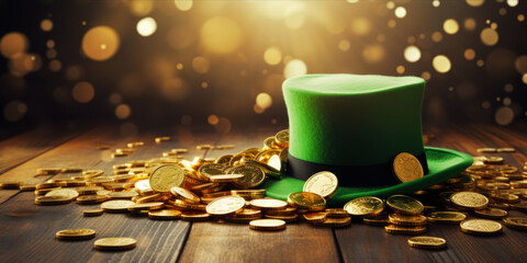 A festive St. Patrick's Day setup with a green hat and scattered gold coins on a wooden surface, illuminated by soft, sparkling lights in the background. - obrazy, fototapety, plakaty