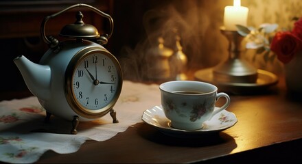 old clock  in a shape of a teapot, cup of tea and candle on the table. 