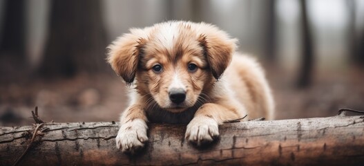 Adorable puppy resting on log in forest. Cute pet in nature. Banner.