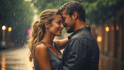 Portrait of a happy couple in love in the summer rain